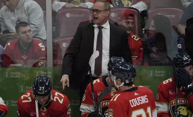 Florida Panthers head coach Paul Maurice gestures during a time out during the first period of an NHL hockey game against the Ottawa Senators, Tuesday, April 9, 2024, in Sunrise, Fla. (AP Photo/Marta Lavandier)