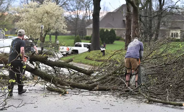 Workers cut up downed trees lying across the road following severe storms that passed through Prospect, Ky., Tuesday, April 2, 2024. (AP Photo/Timothy D. Easley)