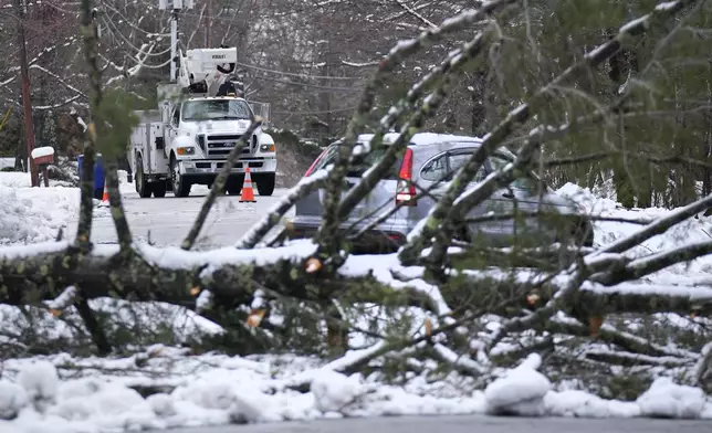 A car heads away from a large tree that fell on electric lines and landed blocking a road, Friday, April 5, 2024, in Derry, N.H. Many New Englanders are cleaning up following a major spring storm on Thursday that brought heavy snow, rain and high winds to the Northeast. Hundreds of thousands of homes and businesses are still without power in Maine and New Hampshire. (AP Photo/Charles Krupa)