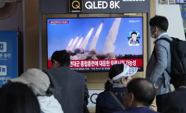 A TV screen shows a file image of North Korea's missiles launch during a news program at the Seoul Railway Station in Seoul, South Korea, Monday, April 22, 2024. North Korea fired multiple suspected short-range ballistic missiles toward its eastern waters on Monday, South Korea's military said, the latest in a recent series of weapons launches by the North. (AP Photo/Ahn Young-joon)