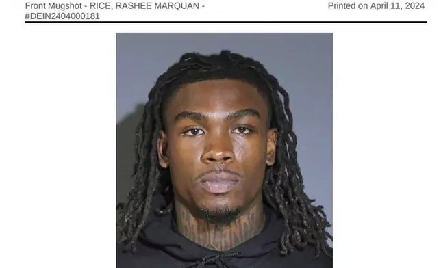 This photo provided by the DeSoto Police Department, in DeSoto, Texas, Thursday, April 11, 2024, shows the police booking photo of Kansas City Chiefs' Rashee Rice. A spokeswoman for Rice’s attorney, Texas state Sen. Royce West, confirmed to The Associated Press, late Thursday, April 11, that Rice turned himself in at the Glenn Heights Police Department, in Texas, on charges including aggravated assault after he and another driver of a speeding sports car allegedly caused a crash involving a half-dozen vehicles on a Dallas highway the previous month. (DeSoto Police Department via AP)