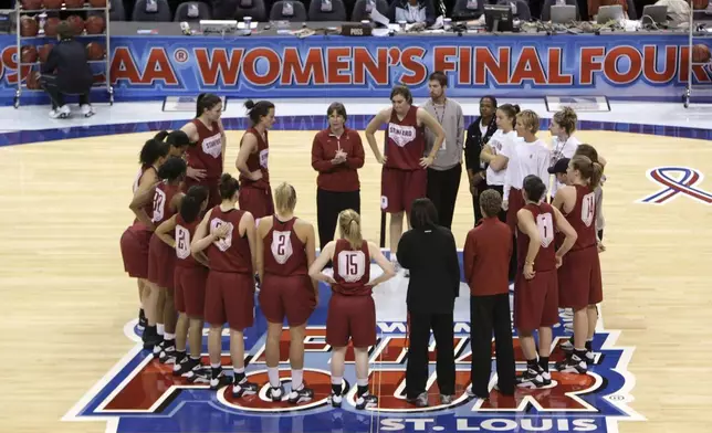 FILE - The Stanford team listen to their coach Tara VanDerveer, upper center, during basketball practice at the NCAA Women's Final Four, Saturday, April 4, 2009, in St. Louis. VanDerveer, the winningest basketball coach in NCAA history, announced her retirement Tuesday night, April 9, 2024, after 38 seasons leading the Stanford women’s team and 45 years overall. (AP Photo/Jeff Roberson, File)