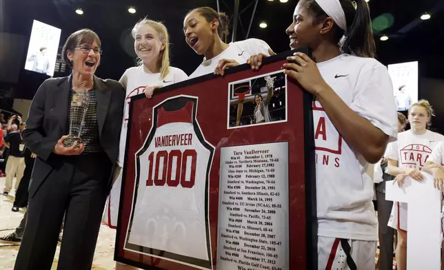 FILE - Stanford coach Tara VanDerveer, left, celebrates with her players, including Karlie Samuelson, second from left, Erica McCall, center, and Briana Roberson, after her 1,000th career coaching win following an NCAA college basketball game against Southern California on Friday, Feb. 3, 2017, in Stanford, Calif. VanDerveer, the winningest basketball coach in NCAA history, announced her retirement Tuesday night, April 9, 2024, after 38 seasons leading the Stanford women’s team and 45 years overall. (AP Photo/Marcio Jose Sanchez, File)