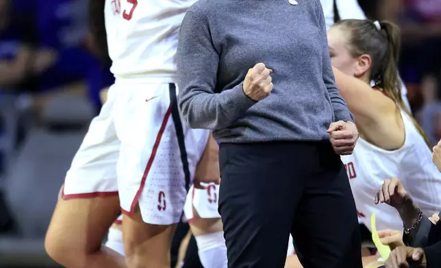 FILE - Stanford coach Tara VanDerveer celebrates a basket with her team during the first half of a second-round game against Kansas State in the NCAA women's college basketball tournament in Manhattan, Kan., Monday, March 20, 2017. VanDerveer, the winningest basketball coach in NCAA history, announced her retirement Tuesday night, April 9, 2024, after 38 seasons leading the Stanford women’s team and 45 years overall. (AP Photo/Orlin Wagner, File)