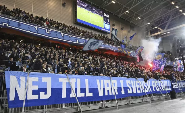 FILE - Djurgården's fans protest against VAR during the Allsvenskan football match between Djurgården and IK Sirius FK at Tele2 Arena in Stockholm, Sweden, April 11, 2023. Swedish soccer has adopted an isolationist stance in eschewing technology to retain a pure version of the beautiful game. Sweden is the only one of Europe’s top-30 ranked leagues yet to have rolled out VAR in its domestic competitions. (Jessica Gow/TT News Agency via AP, File)