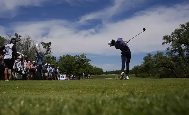 Akshay Bhatia hits his tee shot on the ninth hole during the second round of the Texas Open golf tournament, Friday, April 5, 2024, in San Antonio. (AP Photo/Eric Gay)
