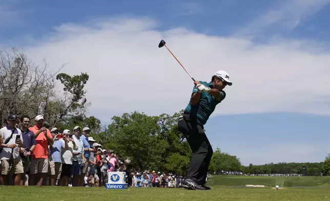 Hideki Matsuyama hits his tee shot on the ninth hole during the second round of the Texas Open golf tournament, Friday, April 5, 2024, in San Antonio. (AP Photo/Eric Gay)