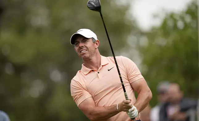 Rory McIlroy, of Northern Ireland, watches his drive on the first hole during the final round of the Texas Open golf tournament, Sunday, April 7, 2024, in San Antonio. (AP Photo/Eric Gay)