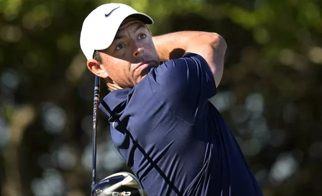 Rory McIlroy hits his drive on the 18th hole during the second round of the Texas Open golf tournament, Friday, April 5, 2024, in San Antonio. (AP Photo/Eric Gay)