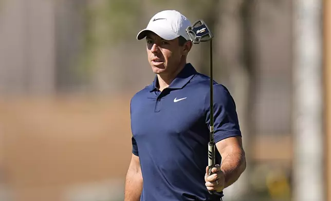 Rory McIlroy reacts after making a birdie on the 18th hole during the second round of the Texas Open golf tournament, Friday, April 5, 2024, in San Antonio. (AP Photo/Eric Gay)