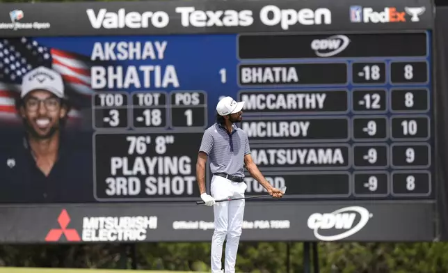 Akshay Bhatia reacts after his shot on the ninth hole during the final round of the Texas Open golf tournament, Sunday, April 7, 2024, in San Antonio. (AP Photo/Eric Gay)