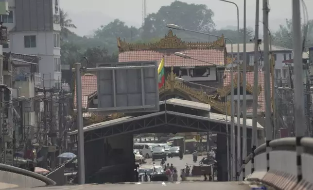 This photo shows a general view of a checkpoint near the 1st Thai-Myanmar Friendship Bridge in Myawaddy district in eastern Myanmar, on Friday, April 12, 2024. Thailand’s foreign minister says he has urged Myanmar’s military authorities not to violently respond to its army’s loss of an important border trading town to its opponents, and that so far it seemed to be exercising restraint. (AP Photo/Sakchai Lalit)