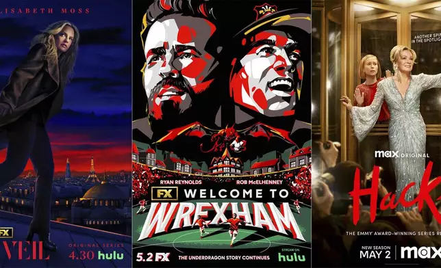 This combination of images fshows promotional art for the Hulu series "The Veil," left, the Hulu series "Welcome to Wrexham," center, and the comedy series "Hacks." (Hulu/Hulu/Max via AP)