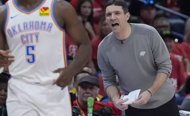 Oklahoma City Thunder head coach Mark Daigneault calls out from the bench in the first half of Game 3 of an NBA basketball first-round playoff series in New Orleans, Saturday, April 27, 2024. (AP Photo/Gerald Herbert)