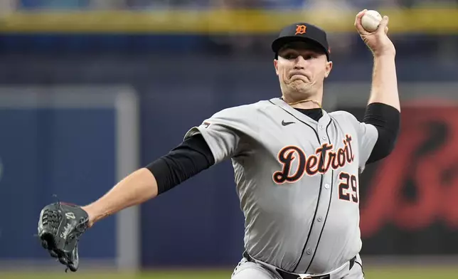 Detroit Tigers starting pitcher Tarik Skubal delivers to the Tampa Bay Rays during the first inning of a baseball game Monday, April 22, 2024, in St. Petersburg, Fla. (AP Photo/Chris O'Meara)