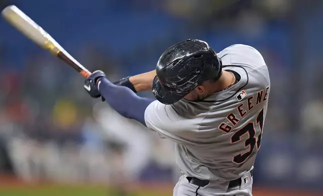 Detroit Tigers' Riley Greene lines a single off Tampa Bay Rays pitcher Shawn Armstrong during the first inning of a baseball game Wednesday, April 24, 2024, in St. Petersburg, Fla. (AP Photo/Chris O'Meara)