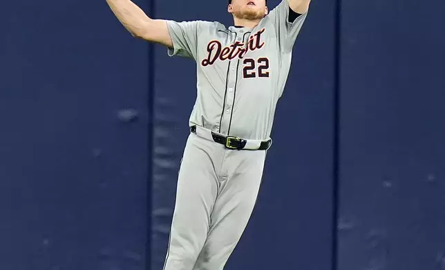 Detroit Tigers center fielder Parker Meadows makes a leaping catch in a fly out by Tampa Bay Rays' Harold Ramirez during the fourth inning of a baseball game Monday, April 22, 2024, in St. Petersburg, Fla. (AP Photo/Chris O'Meara)