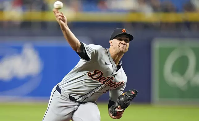 Detroit Tigers starting pitcher Jack Flaherty delivers to the Tampa Bay Rays during the first inning of a baseball game Wednesday, April 24, 2024, in St. Petersburg, Fla. (AP Photo/Chris O'Meara)