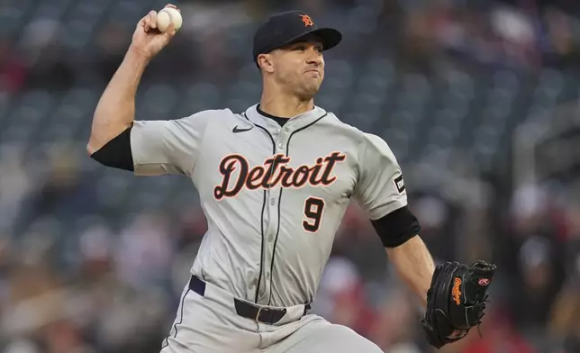 Detroit Tigers starting pitcher Jack Flaherty delivers during the second inning of the team's baseball game against the Minnesota Twins, Friday, April 19, 2024, in Minneapolis. (AP Photo/Abbie Parr)