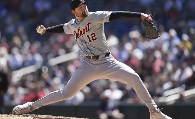 Detroit Tigers starting pitcher Casey Mize delivers during the second inning of a baseball game against the Minnesota Twins, Sunday, April 21, 2024, in Minneapolis. (AP Photo/Abbie Parr)