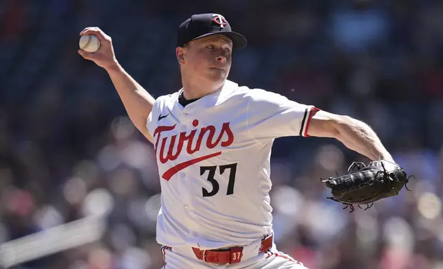 Minnesota Twins starting pitcher Louie Varland delivers during the third inning of a baseball game against the Detroit Tigers, Sunday, April 21, 2024, in Minneapolis. (AP Photo/Abbie Parr)