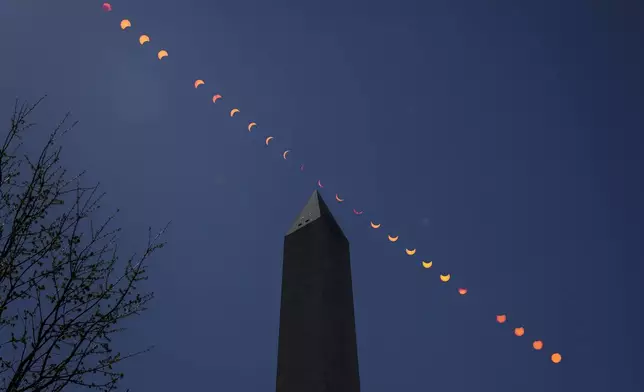 This composite image of multiple exposures shows the progression of a partial solar eclipse over the Washington Monument, Monday, April 8, 2024, in Washington. (Bill Ingalls/NASA via AP)
