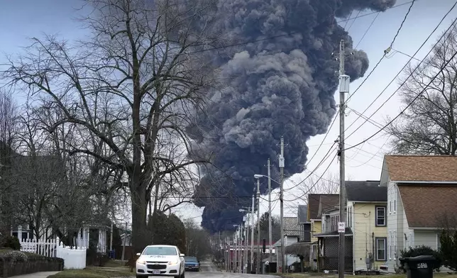 FILE - A black plume rises over East Palestine, Ohio, as a result of a controlled detonation of a portion of the derailed Norfolk Southern trains Monday, Feb. 6, 2023. (AP Photo/Gene J. Puskar, File)