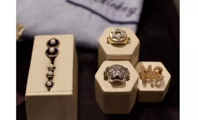 FILE - Jewelry that once belonged to mobster Mickey Cohen is shown on display at the Mob Experience at the Tropicana Hotel and Casino, Monday, March 28, 2011, in Las Vegas. (AP Photo/Julie Jacobson, File)