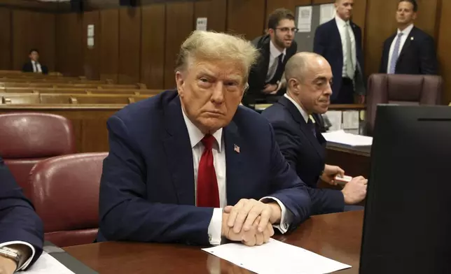 Republican presidential candidate and former President Donald Trump appears in State Supreme Court in Manhattan on Monday morning, April 15, 2024, for the first day of his trial on charges of falsifying business records. (Jefferson Siegel/Pool Photo via AP)