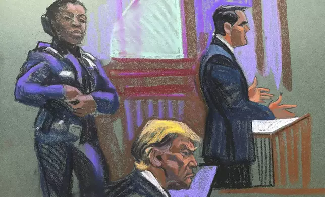 In this courtroom sketch, former US President Donald Trump sits while his lawyer Todd Blanche, right, speaks during the second day of jury selection in his hush money criminal trial in Manhattan criminal court in New York on Tuesday, April 16, 2024. (Christine Cornell via AP, Pool)