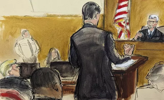 Defense attorney Todd Blanche, at podium, makes arguments challenging the contempt charges to Judge Juan Merchan , Tuesday, April 23, 2024, in New York. (Elizabeth Williams via AP)