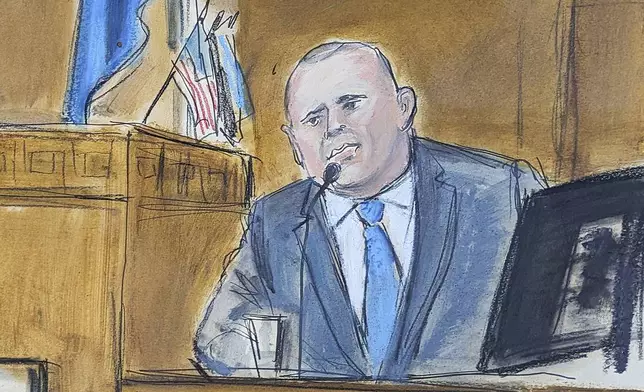 Gary Farro, a private client adviser who previously worked at First Republic Bank, testifies on the witness stand in Manhattan criminal court, Friday, April 26, 2024, in New York. (Elizabeth Williams via AP)