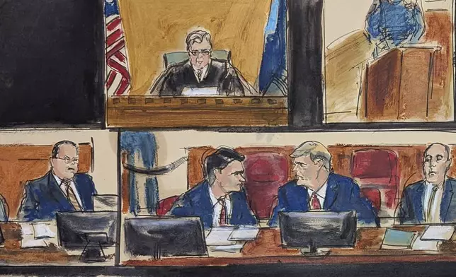 In this courthouse sketch drawn from a divided video monitor, former President Donald Trump, lower right frame, center, confers with defense attorney Todd Blanche as Judge Juan Merchan, upper left, and prosecutor Joshua Steingless, lower left, look on during jury selection in Manhattan criminal court, Monday, April 15, 2024, in New York. (Elizabeth Williams via AP)