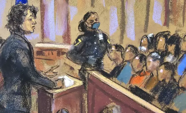Prosecutor Susan Hoffinger stands at the podium during jury selection of former U.S. President Donald Trump's criminal trial on charges that he falsified business records to conceal money paid to silence porn star Stormy Daniels in 2016, in Manhattan state court in New York City, Friday, April 19, 2024, in this courtroom sketch. (Jane Rosenberg via AP, Pool)