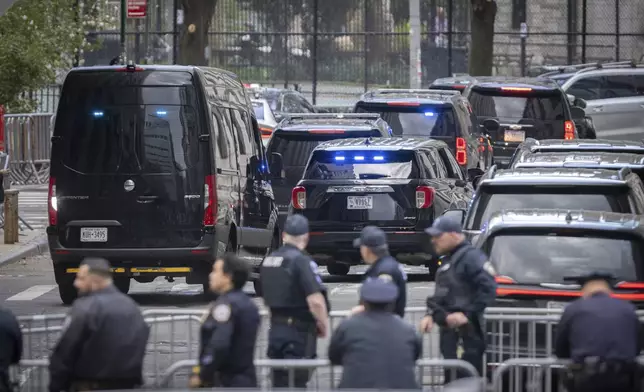 Former President Donald Trump's motorcade leaves the Criminal Courthouse via the Manhattan District Attorney's office in New York on Monday, April 15, 2024. (AP Photo/Stefan Jeremiah)
