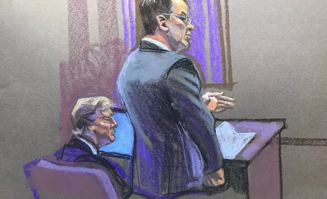 In this courtroom sketch, prosecutor Joshua Steinglass, right, speaks while former President Donald Trump, left, sits in court during the second day of jury selection in his criminal hush money trial in Manhattan criminal court in New York on Tuesday, April 16, 2024. (Christine Cornell via AP, Pool)