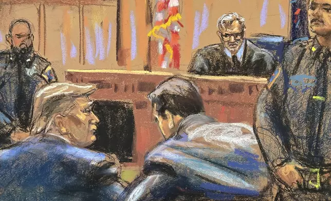 In this courtroom sketch, former U.S. President Donald Trump, left, sits with his attorney Todd Blanche, before Justice Juan M. Merchan, at the beginning of his trial at a Manhattan criminal court in New York, Monday, April 15, 2024. Trump arrived at a New York court for the start of jury selection in his hush money trial, making history as the first former president to stand trial on criminal charges. (Jane Rosenberg/Pool Photo via AP)