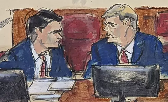 In this courthouse sketch drawn from a video monitor, former President Donald Trump, right, confers with defense attorney Todd Blanche in Manhattan criminal court, Monday, April 15, 2024, in New York. (Elizabeth Williams via AP)