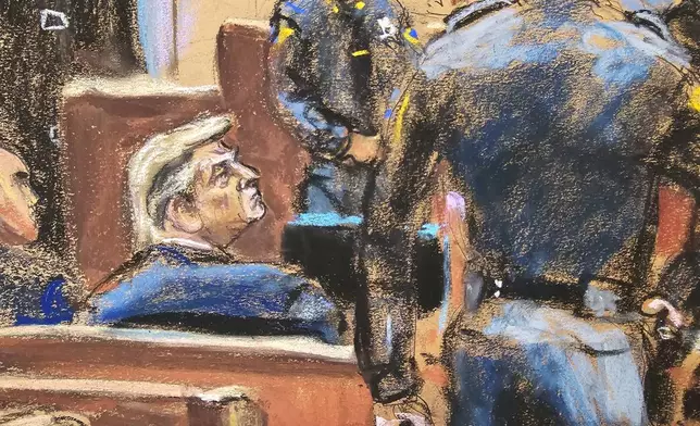 Former U.S. President Donald Trump sits beside his lawyer Emil Bove during jury selection of his criminal trial on charges that he falsified business records to conceal money paid to silence porn star Stormy Daniels in 2016, in Manhattan state court in New York City, Friday, April 19, 2024, in this courtroom sketch. (Jane Rosenberg via AP, Pool)