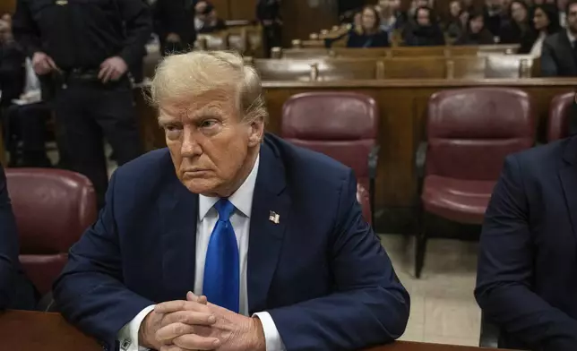 Former President Donald Trump sits in court on the first day of opening arguments in his trial at Manhattan Criminal Court in New York, Monday, April 22, 2024. (Victor J. Blue/The Washington Post via AP, Pool)