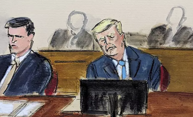 Donald Trump, right, sits at defense table during Judge Merchan's reading of his ruling and instructions to the jury in Manhattan criminal court Monday, April 22, 2024, in New York. (Elizabeth Williams via AP)