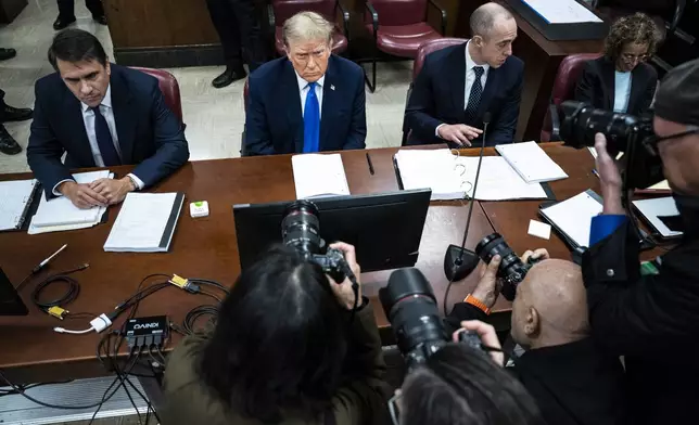 Former President Donald Trump, flanked by attorneys Todd Blanche and Emil Bove, appears at Manhattan criminal court during jury selection in New York, Thursday, April 18, 2024. (Jabin Botsford/The Washington Post via AP, Pool)
