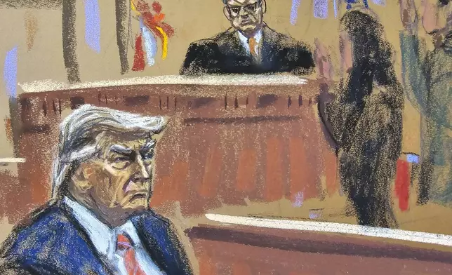 Former President Donald Trump sits as final jurors are sworn in during his criminal trial on charges that he falsified business records to conceal money paid to silence porn star Stormy Daniels in 2016, in Manhattan state court in New York, Friday, April 19, 2024, in this courtroom sketch. (Jane Rosenberg via AP, Pool)