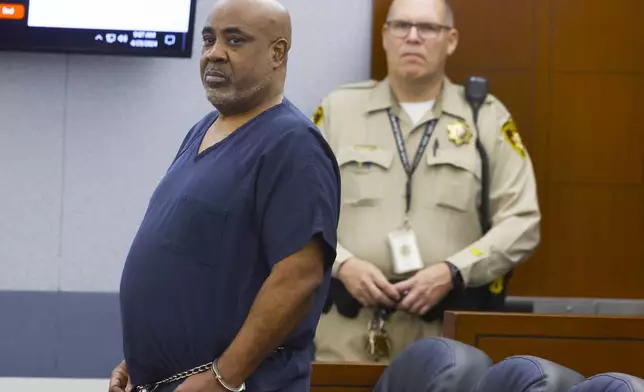 Duane “Keffe D” Davis, who is accused of orchestrating the 1996 slaying of hip-hop icon Tupac Shakur, appears in court during a status hearing at the Regional Justice Center, on Tuesday, April 23, 2024, in Las Vegas. (Bizuayehu Tesfaye/Las Vegas Review-Journal via AP)