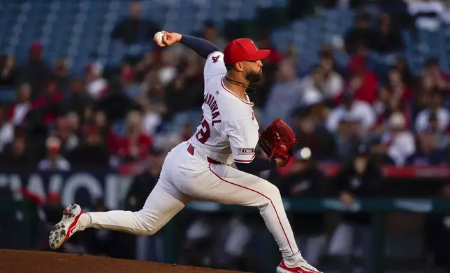 Los Angeles Angels starting pitcher Patrick Sandoval throws during the first inning of a baseball game against the Minnesota Twins, Friday, April 26, 2024, in Anaheim, Calif. (AP Photo/Ryan Sun)