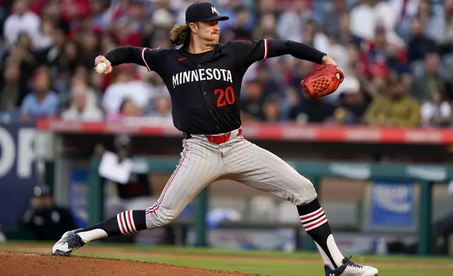 Minnesota Twins starting pitcher Chris Paddack throws during the first inning of the team's baseball game against the Los Angeles Angels, Saturday, April 27, 2024, in Anaheim, Calif. (AP Photo/Ryan Sun)