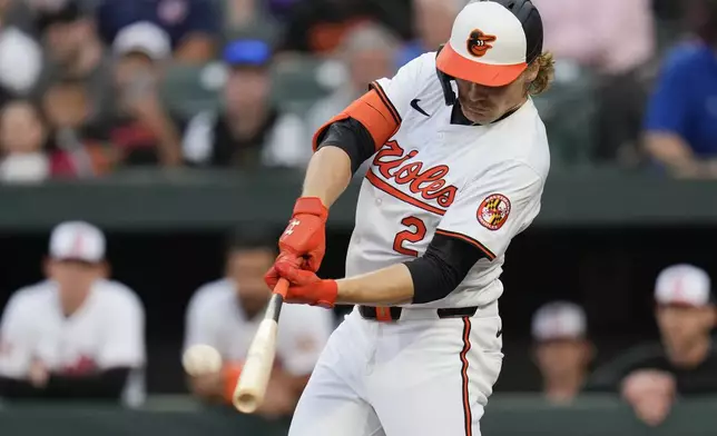 Baltimore Orioles' Gunnar Henderson hits a home run against the Minnesota Twins during the second inning of a baseball game Tuesday, April 16, 2024, in Baltimore. (AP Photo/Jess Rapfogel)