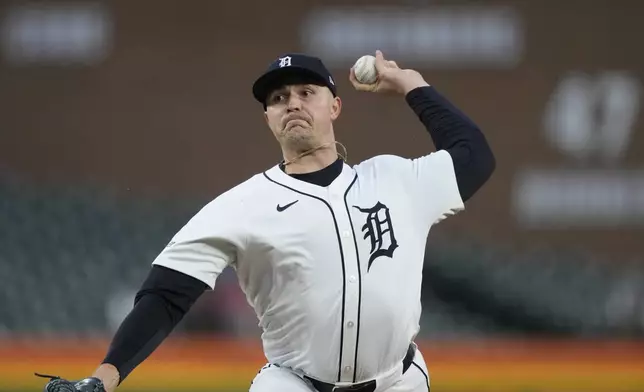 Detroit Tigers pitcher Tarik Skubal throws during the first inning of a baseball game against the Minnesota Twins, Friday, April 12, 2024, in Detroit. (AP Photo/Carlos Osorio)
