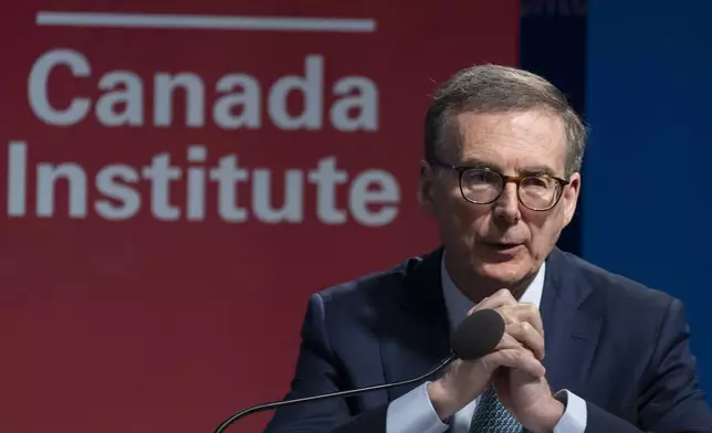 Tiff Macklem, Governor of the Bank of Canada, participates in a Washington Forum on the Canadian Economy, together with Federal Reserve Chair Jerome Powell, Wednesday, April 16, 2025, in Washington. (AP Photo/Manuel Balce Ceneta)