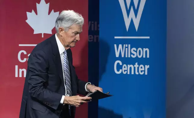 Federal Reserve Chair Jerome Powell leaves the stage at the conclusion of a Washington Forum on the Canadian Economy, Wednesday, April 16, 2025, in Washington. (AP Photo/Manuel Balce Ceneta)
